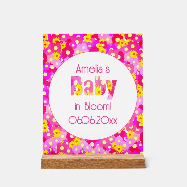 Hübsch rosa Blume Personalisiert Babydusche Acrylschild (Vorderseite)