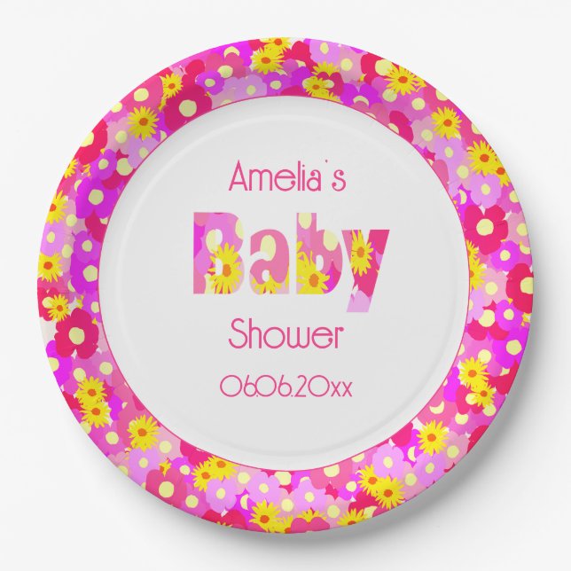 Hübsch rosa Blume Personalisiert Babydusche Pappteller (Vorderseite)