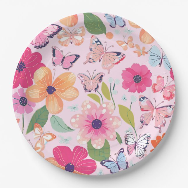 Hübsch rosa Blumengarten Pappteller (Vorderseite)