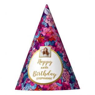 Hübsch rosa Blumenmuster Custom Foto Happy Birthd Partyhütchen