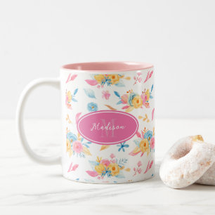 Hübsch rosa Blumenmuster Mit Monogramm Zweifarbige Tasse
