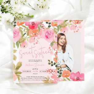 Hübsch rosa Blumenwasser-Foto Chic Sweet 16 Einladung