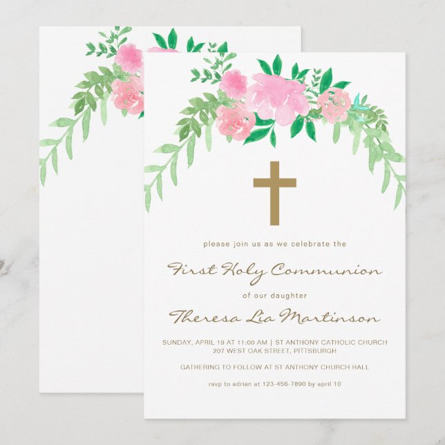 Hübsch rosa Blüte mit Kreuzheiliger Kommune Einladung (Vorne/Hinten)