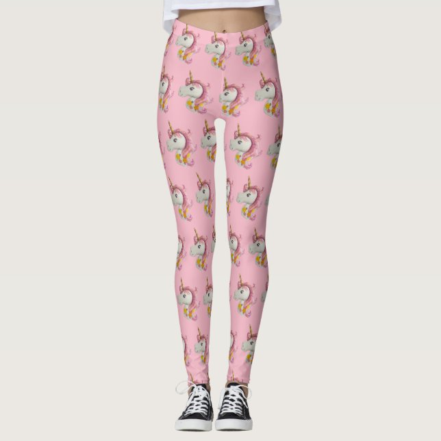 Hübsch rosa Einhorn Gemusterte Leggings (Vorderseite)