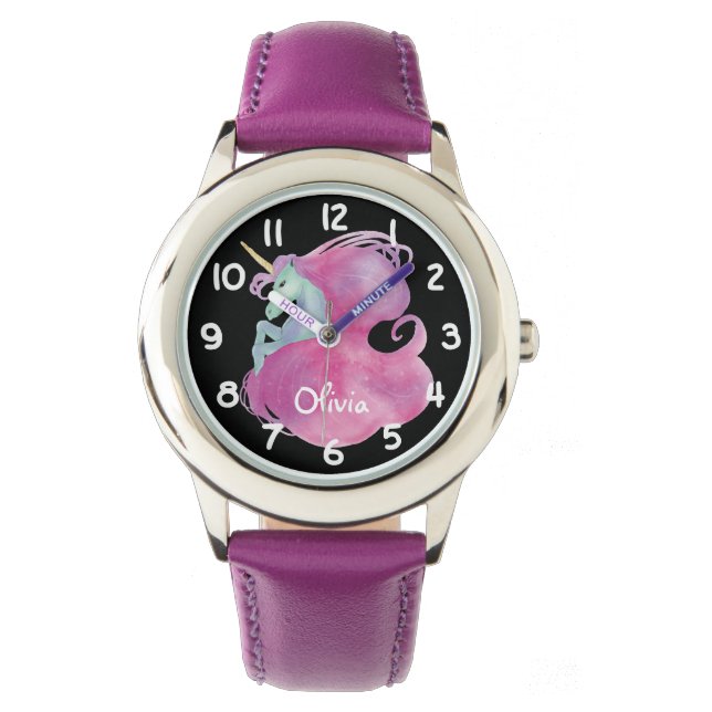 Hübsch rosa Einhorn Kinder Personalisiert Armbanduhr (Vorderseite)