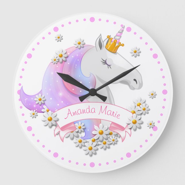 Hübsch rosa Einhorn Prinzessin Kinderzimmer im Sch Große Wanduhr (Vorderseite)