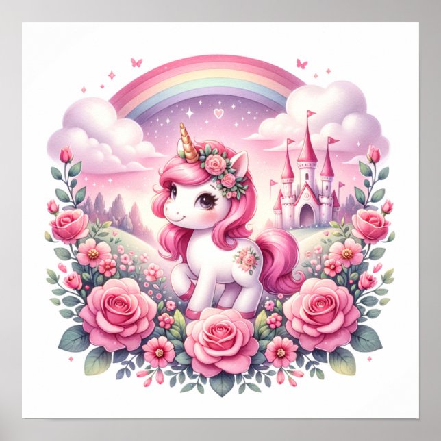 Hübsch rosa Einhorn und Märchenschloss Poster (Vorne)