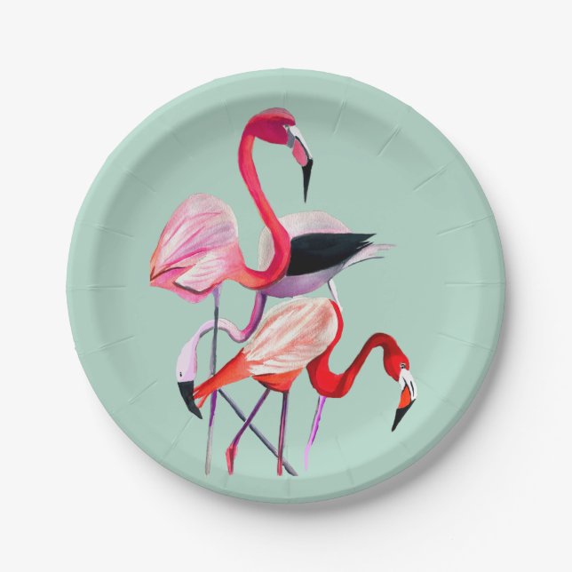 Hübsch rosa Flamingo auf blau Pappteller (Vorderseite)