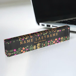 Hübsch rosa Floral Custom Black Desk Namplate Namensplakette