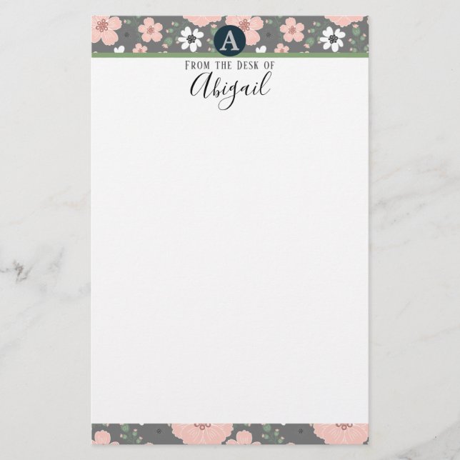 Hübsch-Rosa-Floral-Monogramm-Extravagantes Skript Briefpapier (Vorderseite)