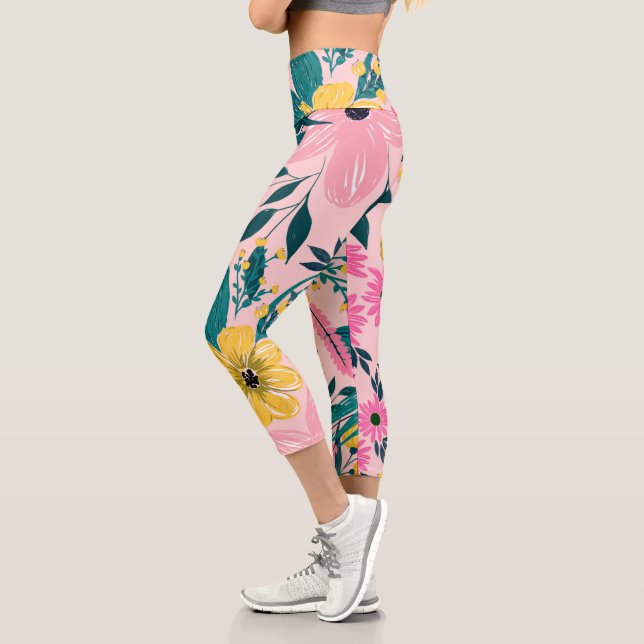 Hübsch rosa gelbe Blumen Capri Leggings (Links)