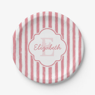 Hübsch rosa gestrichene Streifen Monogramm und Nam Pappteller