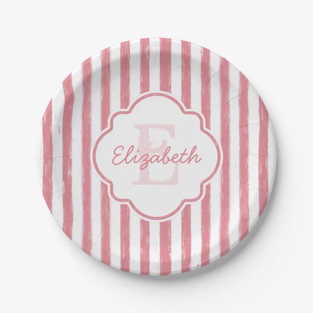 Hübsch rosa gestrichene Streifen Monogramm und Nam Pappteller (Vorderseite)