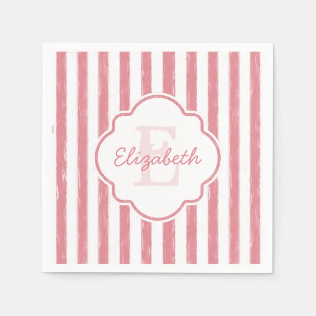 Hübsch rosa gestrichene Streifen Monogramm und Nam Serviette (Vorderseite)