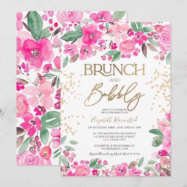Hübsch rosa Glitzer mit Blumenmotiv-Brautparty Einladung (Vorne/Hinten)
