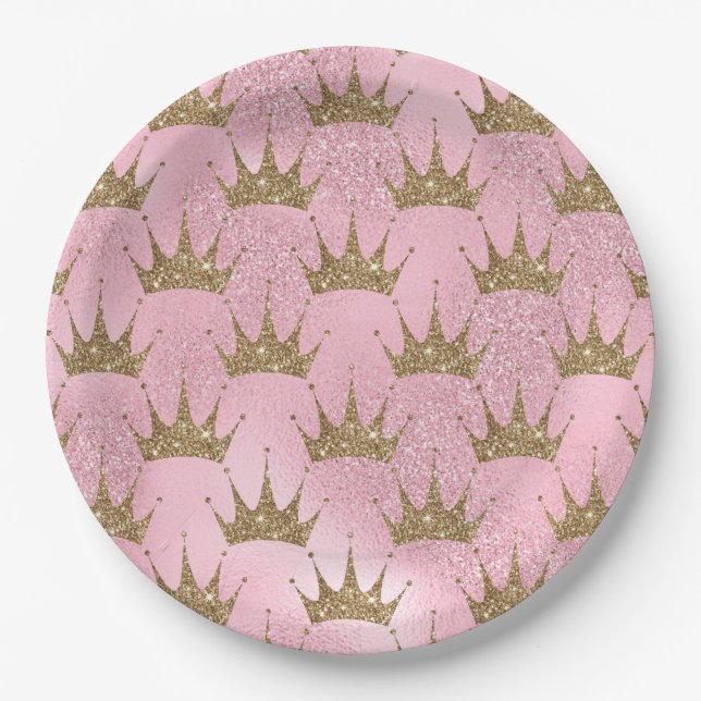 Hübsch rosa Glitzer und Golddruckkrone Pappteller (Vorderseite)