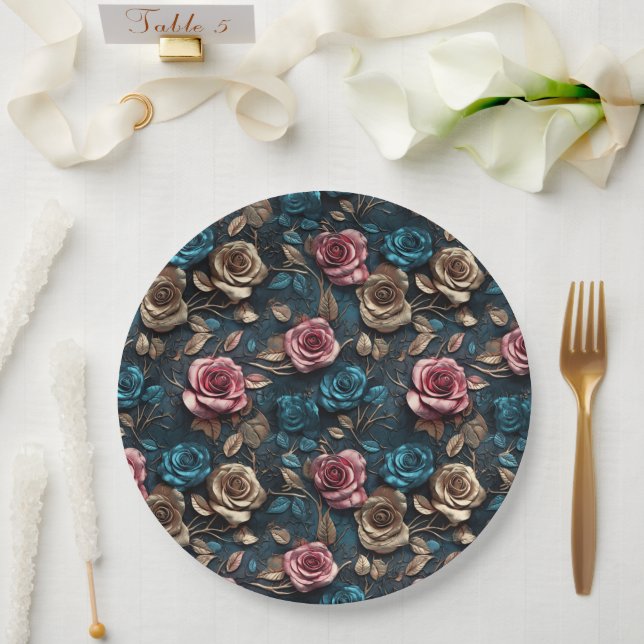 Hübsch-Rosa-Gold-Blue-Rose Pappteller (Hochzeit)