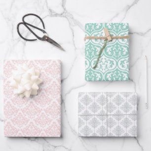 Hübsch rosa graue Girl Damask Print Custom Geschenkpapier Set