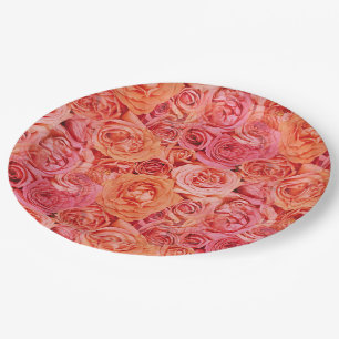 Hübsch rosa Korallenrot Orange Rose Blume Muster Pappteller