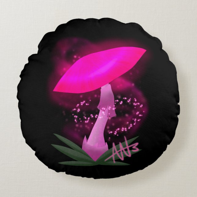 Hübsch rosa leuchtendes Mushroom Rundes Kissen (Vorderseite)