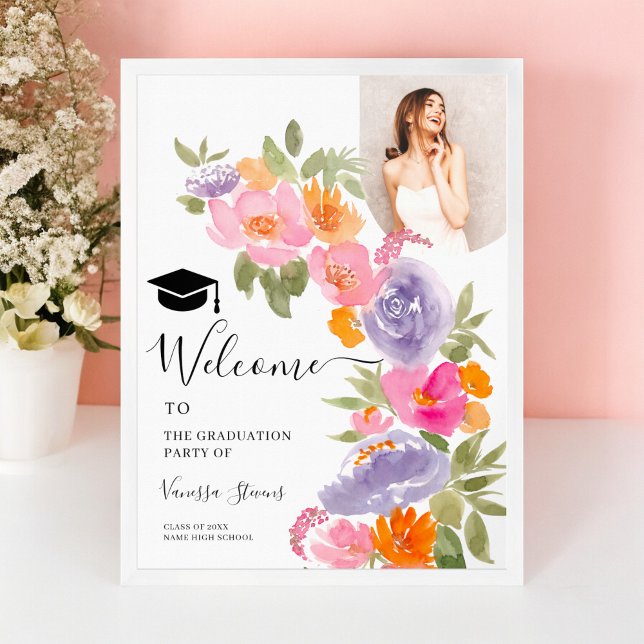 Hübsch rosa lila Foto Abschluss Empfang Poster (Pretty pink purple floral photo graduation welcome poster)