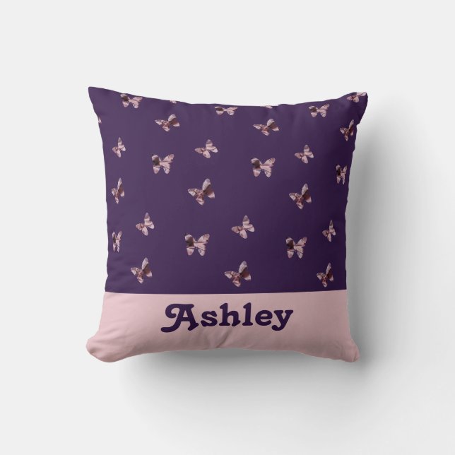 Hübsch rosa Lila Satin Butterfly Muster Tiere Kissen (Vorderseite)