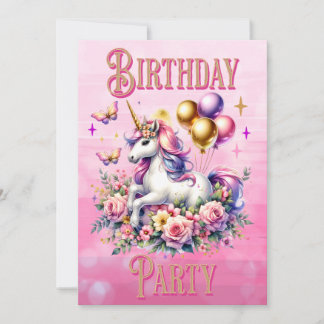Hübsch Rosa, Lila und Gold Einhorn Geburtstag Einladung