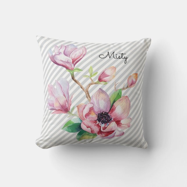 Hübsch rosa Magnolia Bläsergraue Streifen und Name Kissen (Vorderseite)
