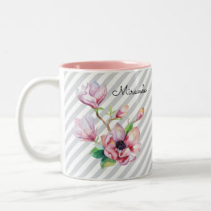 Hübsch rosa Magnolia Bläsergraue Streifen und Name Zweifarbige Tasse