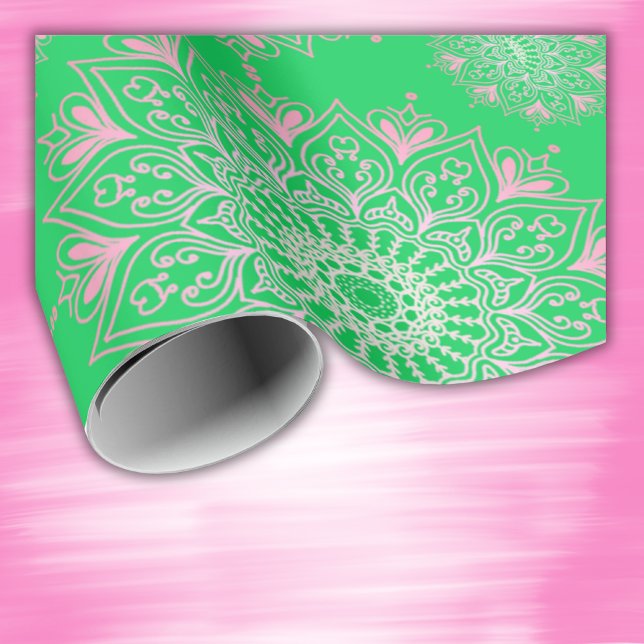 Hübsch rosa Mandala auf grün | Geschenkpapier (Von Creator hochgeladen)