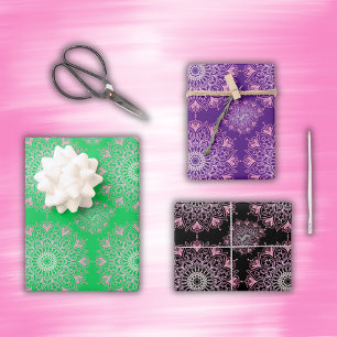 Hübsch rosa Mandala auf grün, schwarz, lila   Geschenkpapier Set
