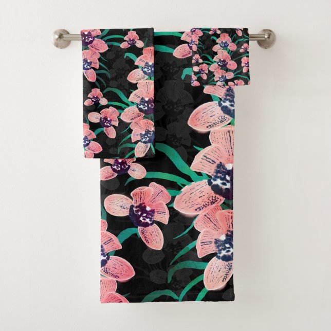 Hübsch rosa Orchidee Blume Paint Black Design Badhandtuch Set (Insitu)