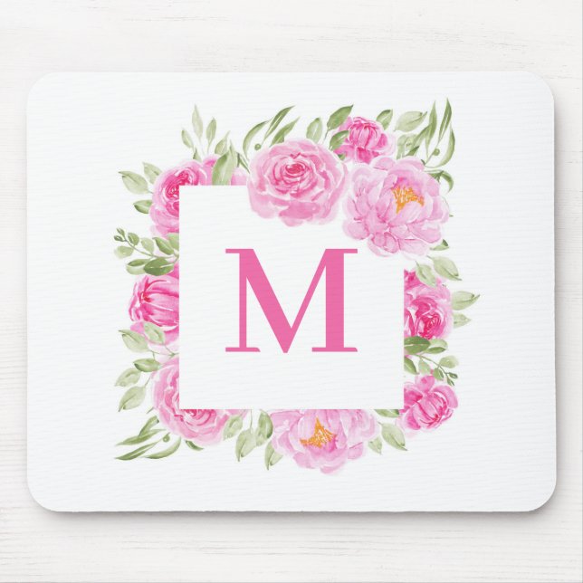 Hübsch-Rosa-Peonsquadrat-Monogramm Mousepad (Vorne)