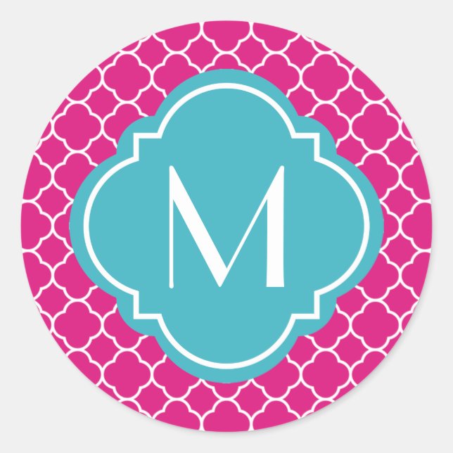 Hübsch rosa Quatrefolienmuster mit Monogramm Runder Aufkleber (Vorderseite)
