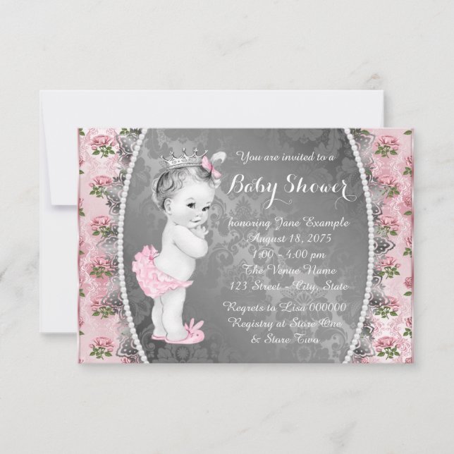 Hübsch Rosa Rosa Pink und Graue Babydusche Einladung (Vorderseite)