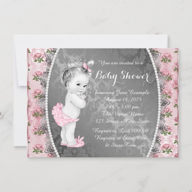 Hübsch Rosa Rosa Pink und Graue Babydusche Einladung (Vorderseite)