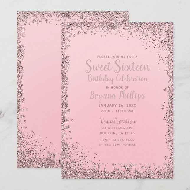 Hübsch Rosa Rose Gold Glitzer Edge Sweet 16 Party Einladung (Vorne/Hinten)