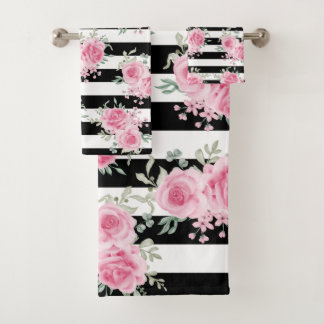 Hübsch rosa Rose Schwarze Streifen Badhandtuch Set