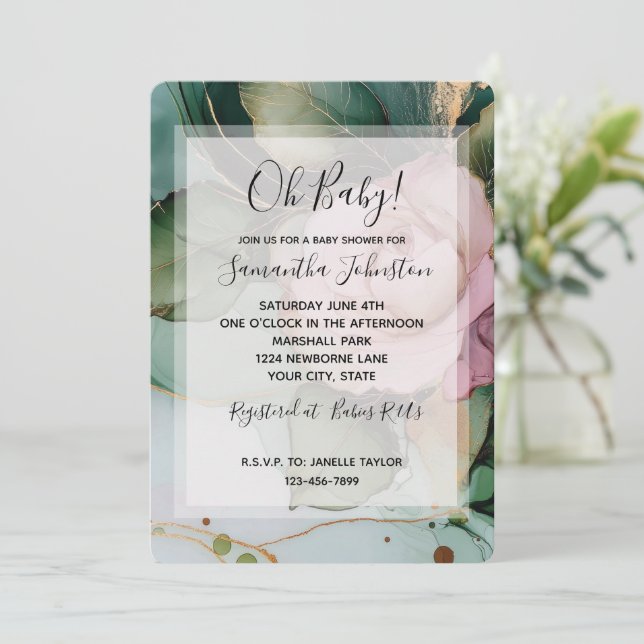 Hübsch Rosa Rose White Gold Blumenspülung Dusche Einladung (Stehend Vorderseite)