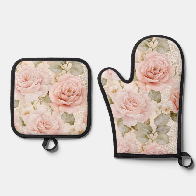 Hübsch Rosa Rosen Brautparty Ofenhandschuh & Topflappen-Set (Vorderseite)