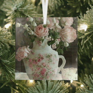 Hübsch rosa Rosen im Vintag antiken China Teapot Ornament Aus Glas