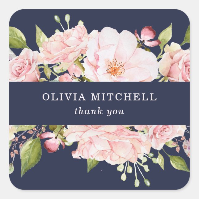 Hübsch rosa Rosen in Navy Blue | Floral Quadratischer Aufkleber (Vorderseite)
