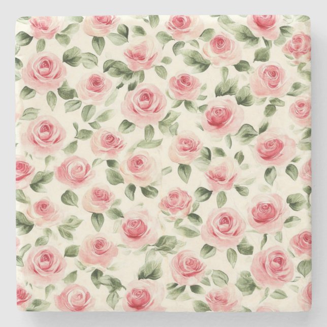 Hübsch rosa Rosen Steinuntersetzer (Vorderseite)