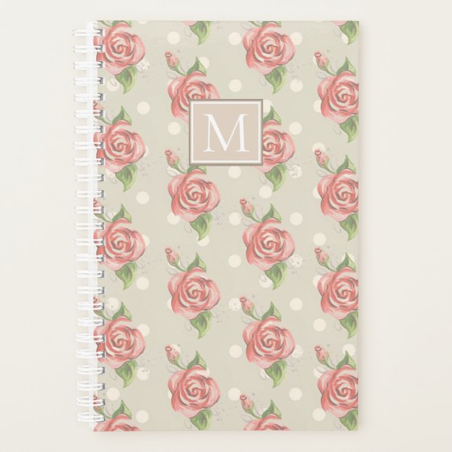 Hübsch-rosa Rosen und Dots Monogramm Planer (Vorderseite)