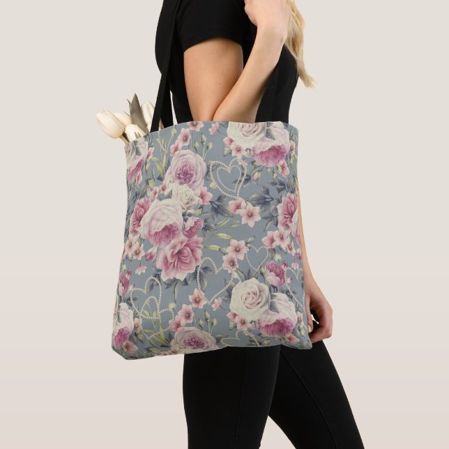Hübsch-rosa Rosen und Pearl-Herz-Muster Grau Tasche (Von Nahem)
