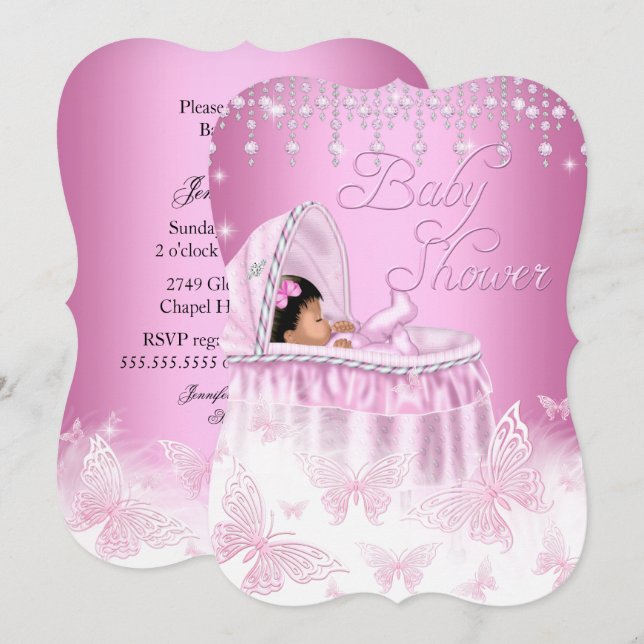 Hübsch-Rosa-Schmetterling-Babydusche Ethnisch Einladung (Vorne/Hinten)