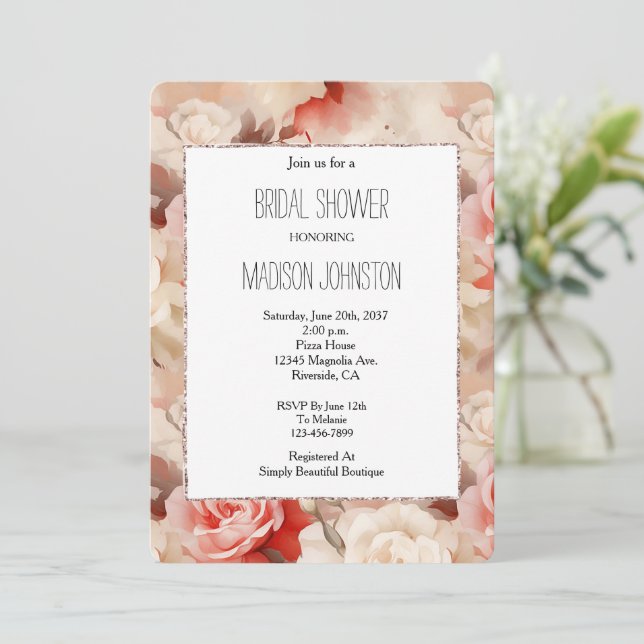 Hübsch Rosa Schwarz Creme Rose Blumenmuster Brautp Einladung (Stehend Vorderseite)