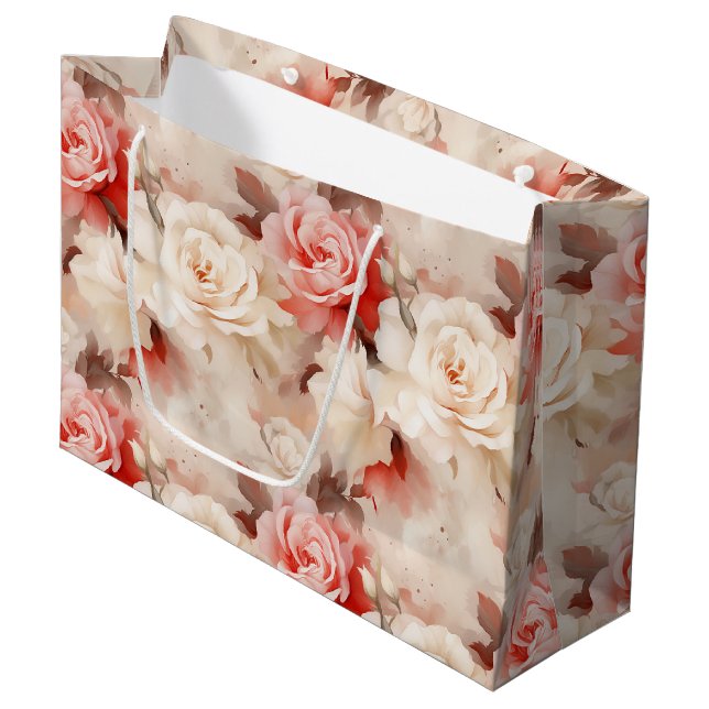 Hübsch Rosa Schwarz Creme Rose Blumenmuster Brautp Große Geschenktüte (Vorderseite Schrägansicht)