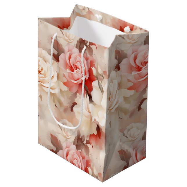Hübsch Rosa Schwarz Creme Rose Blumenmuster Brautp Mittlere Geschenktüte (Vorderseite Schrägansicht)