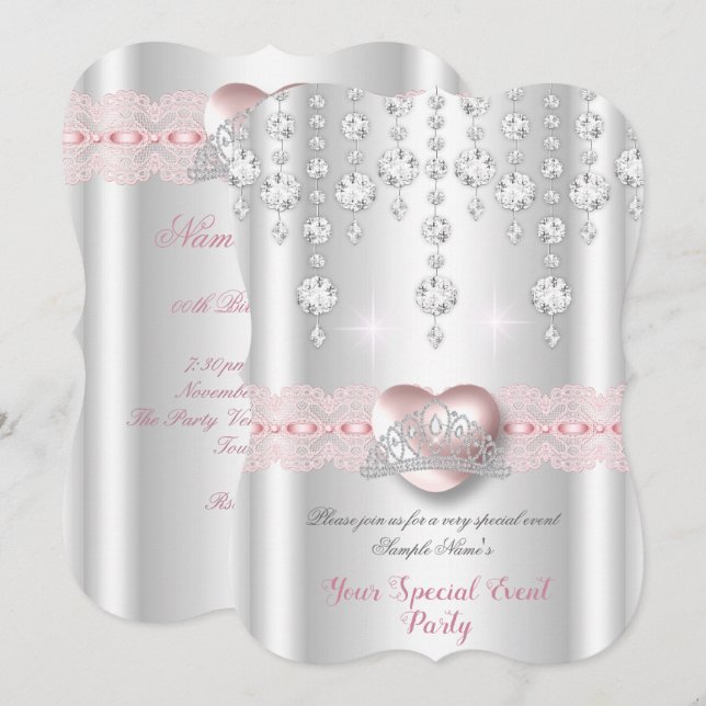 Hübsch rosa Silberherz Diamond Tiara Jedes Party Einladung (Vorne/Hinten)